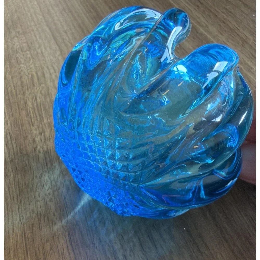 Vintage Blue Art Glass Lotus Flower Votive Candle Holder Petal Bowl 3 inch